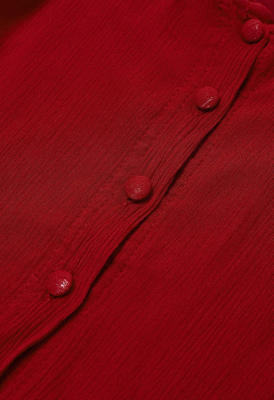 Exaggerated Bubble Sleeve Belted Ruffle Dress in Red