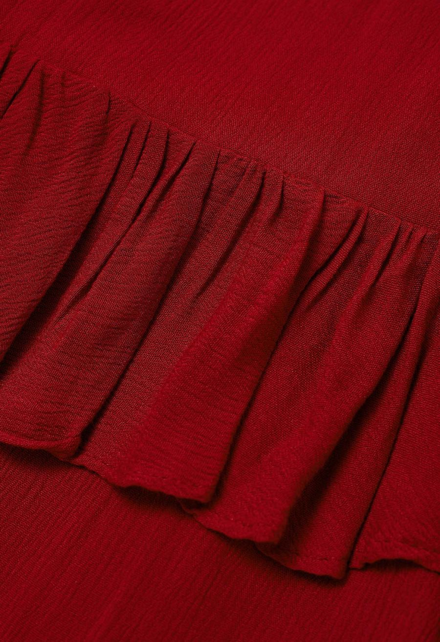 Exaggerated Bubble Sleeve Belted Ruffle Dress in Red