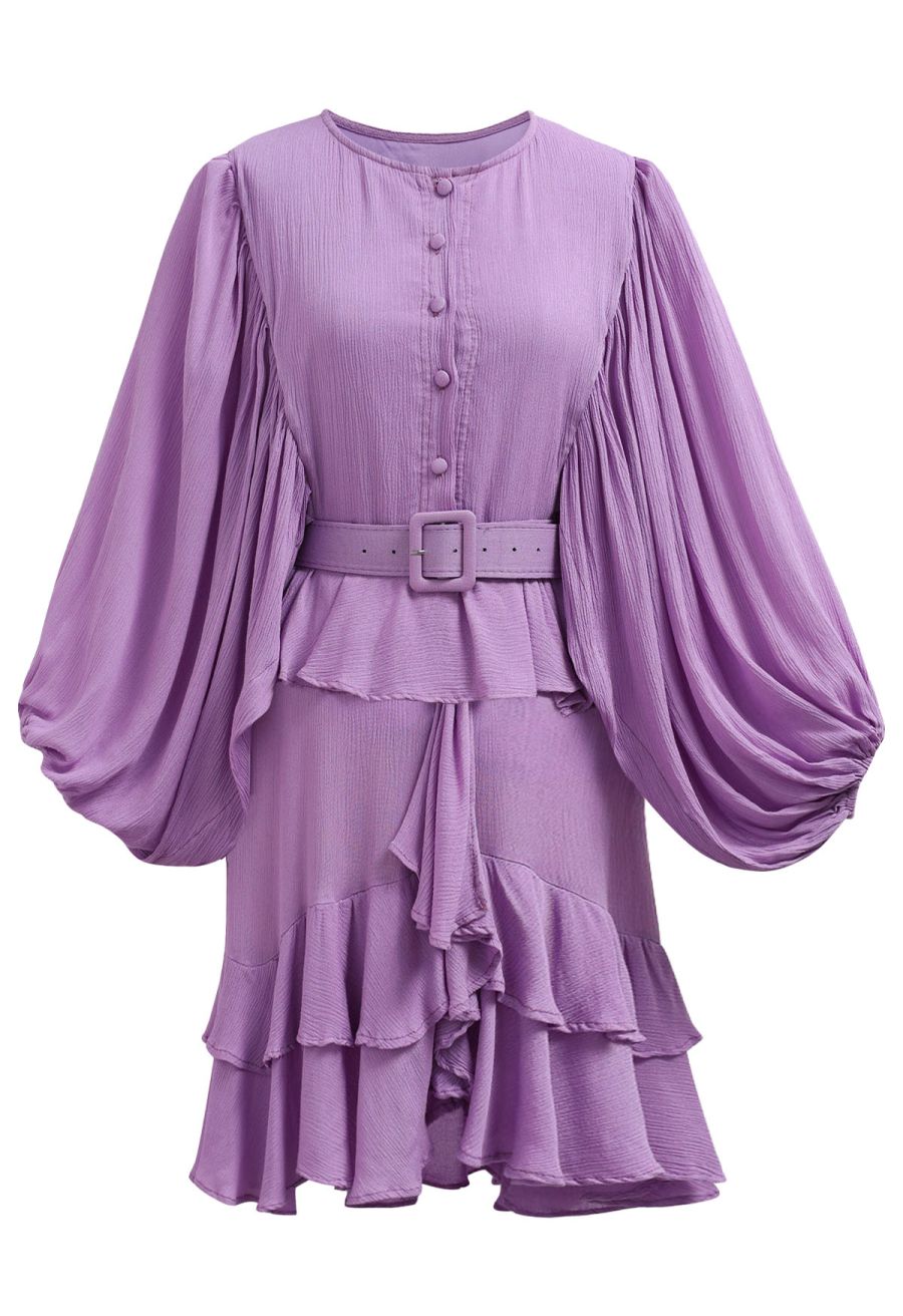 Exaggerated Bubble Sleeve Belted Ruffle Dress in Lilac