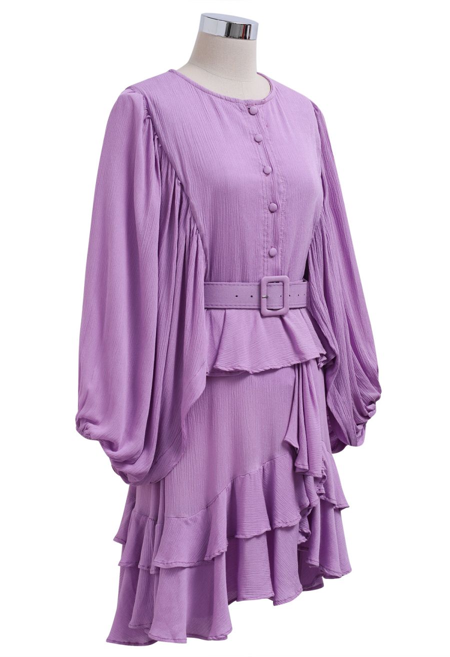 Exaggerated Bubble Sleeve Belted Ruffle Dress in Lilac