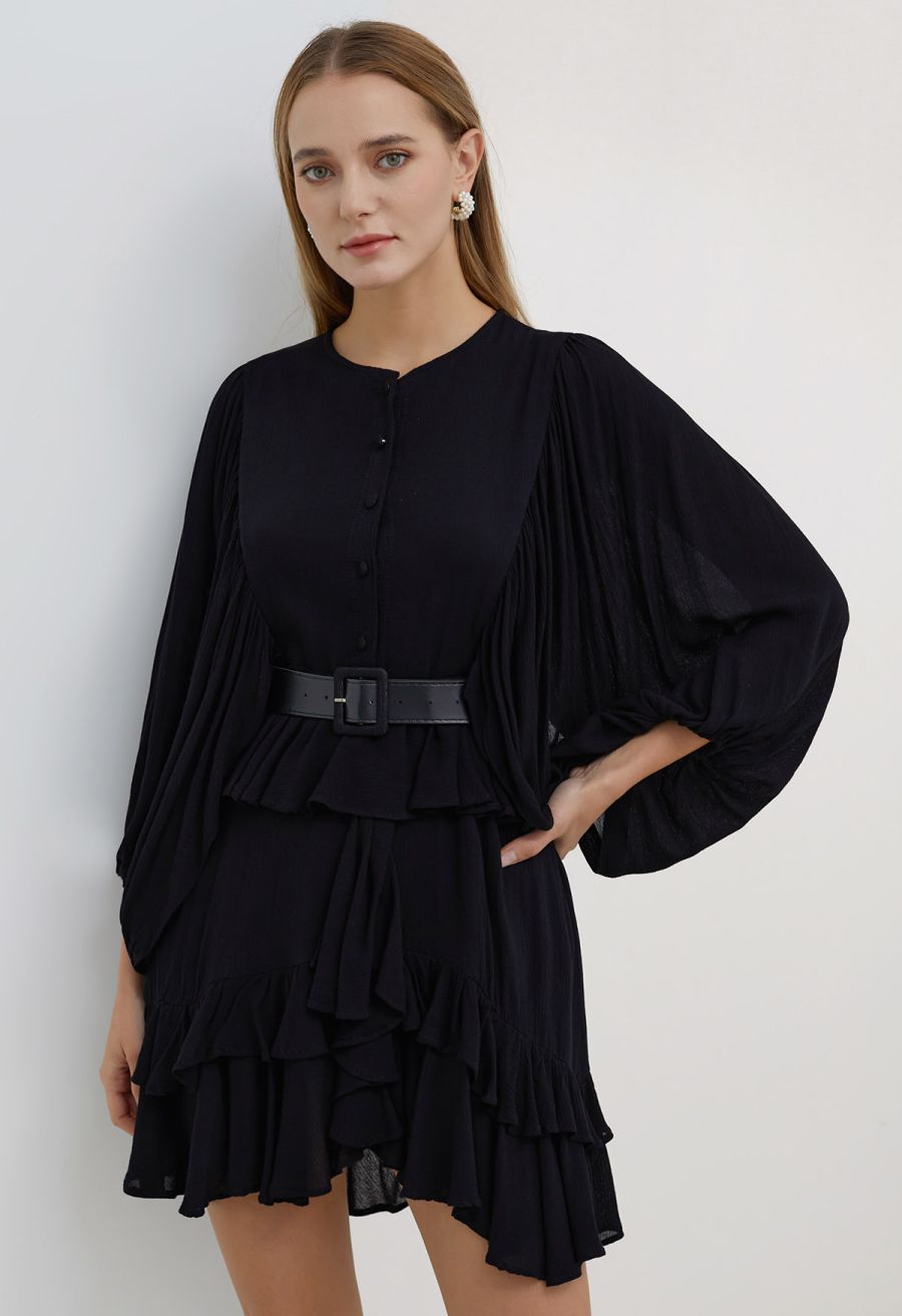 Exaggerated Bubble Sleeve Belted Ruffle Dress in Black