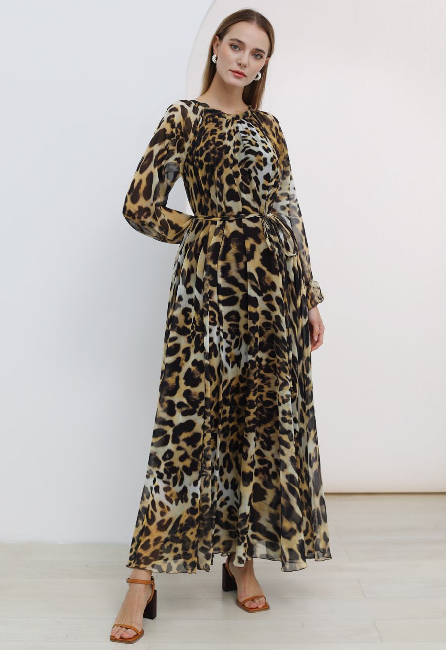 Alluring Animal Print Long-Sleeve Chiffon Maxi Dress