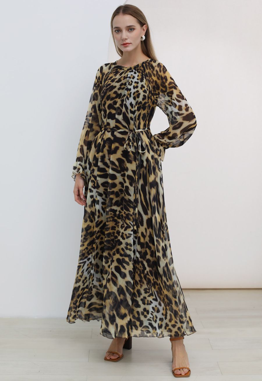 Alluring Animal Print Long-Sleeve Chiffon Maxi Dress