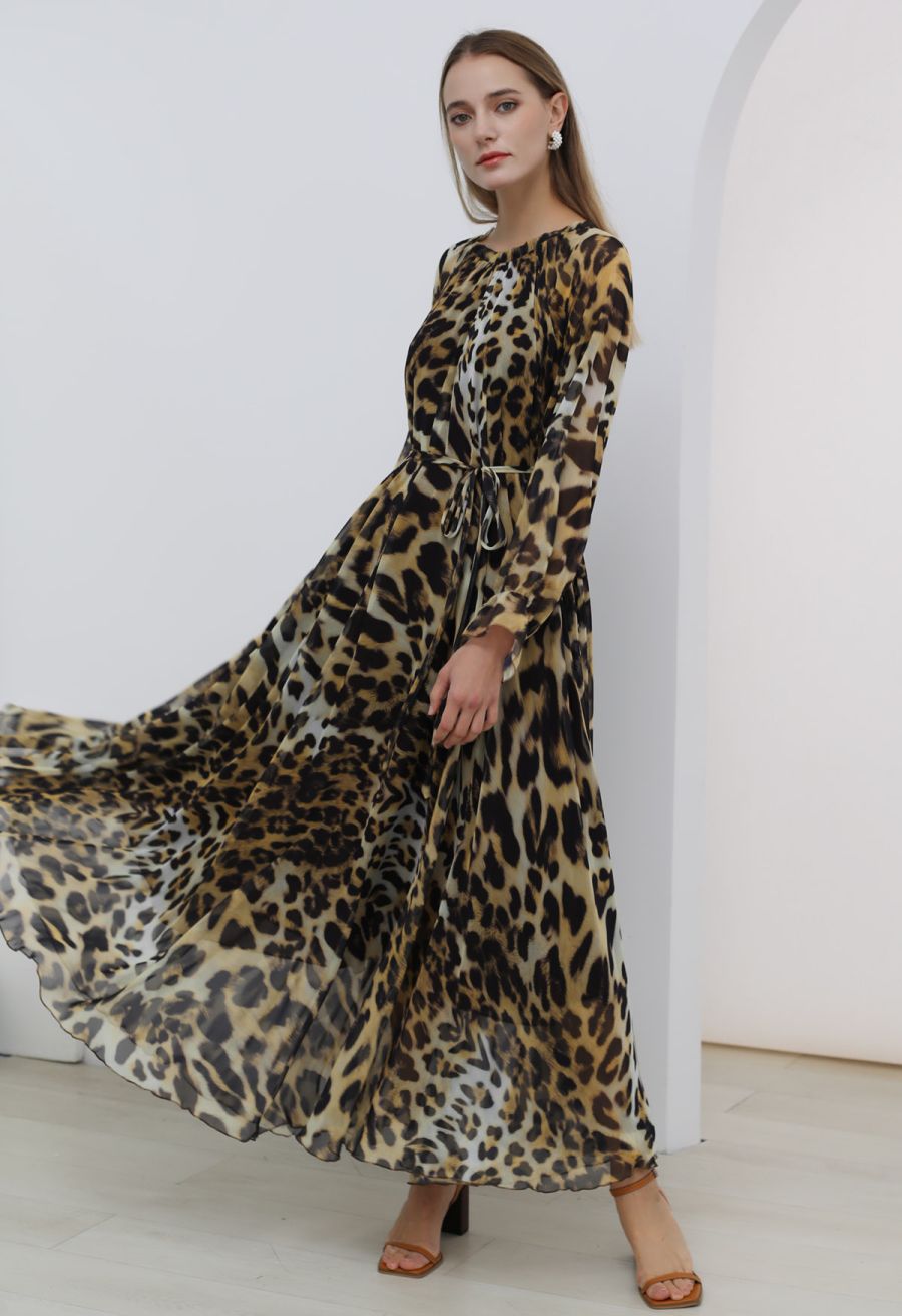 Alluring Animal Print Long-Sleeve Chiffon Maxi Dress