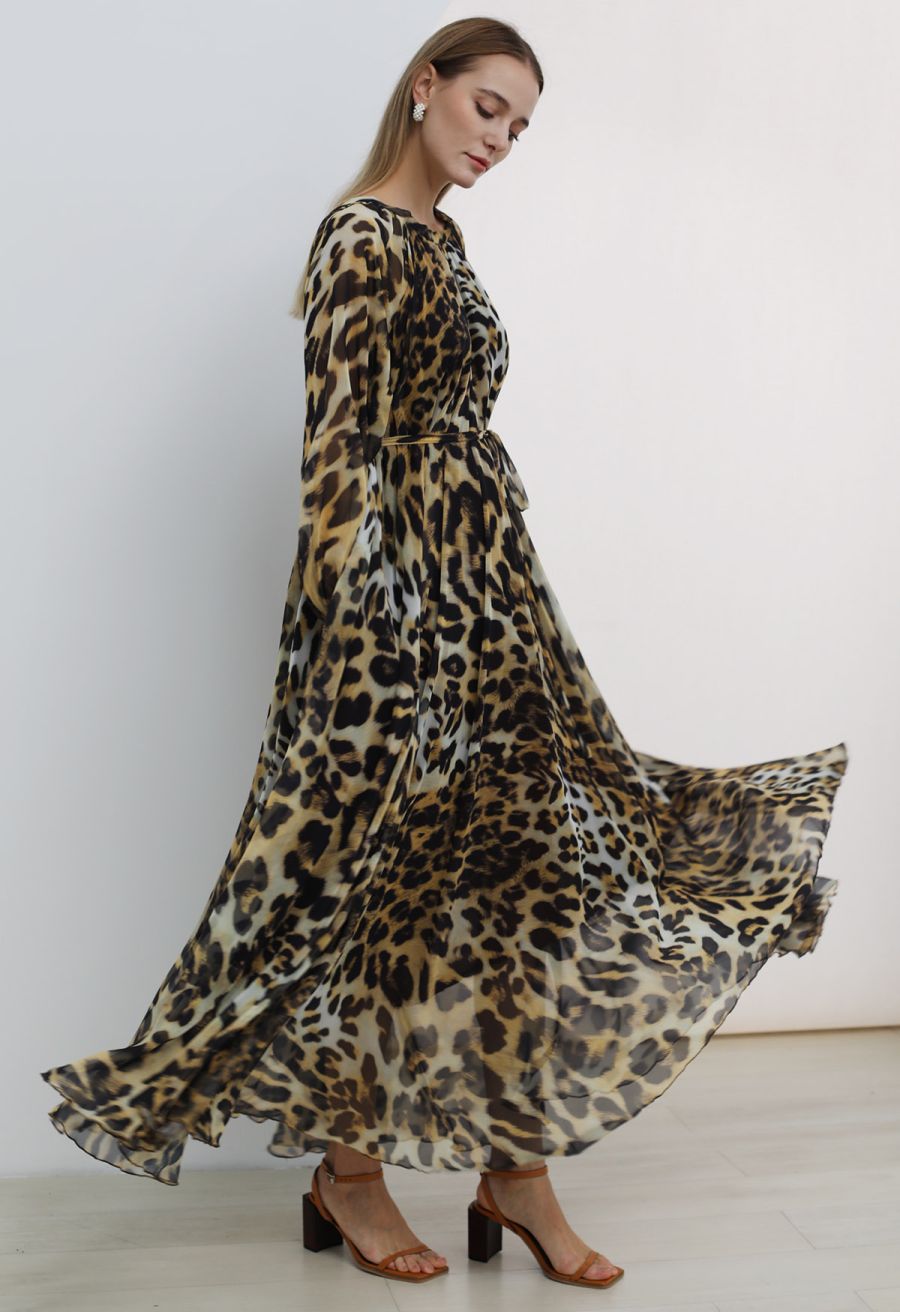 Alluring Animal Print Long-Sleeve Chiffon Maxi Dress