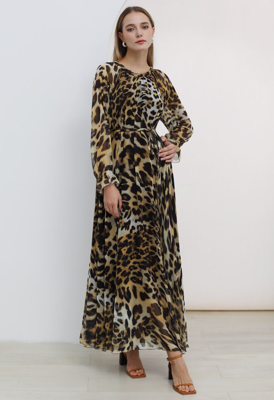Alluring Animal Print Long-Sleeve Chiffon Maxi Dress