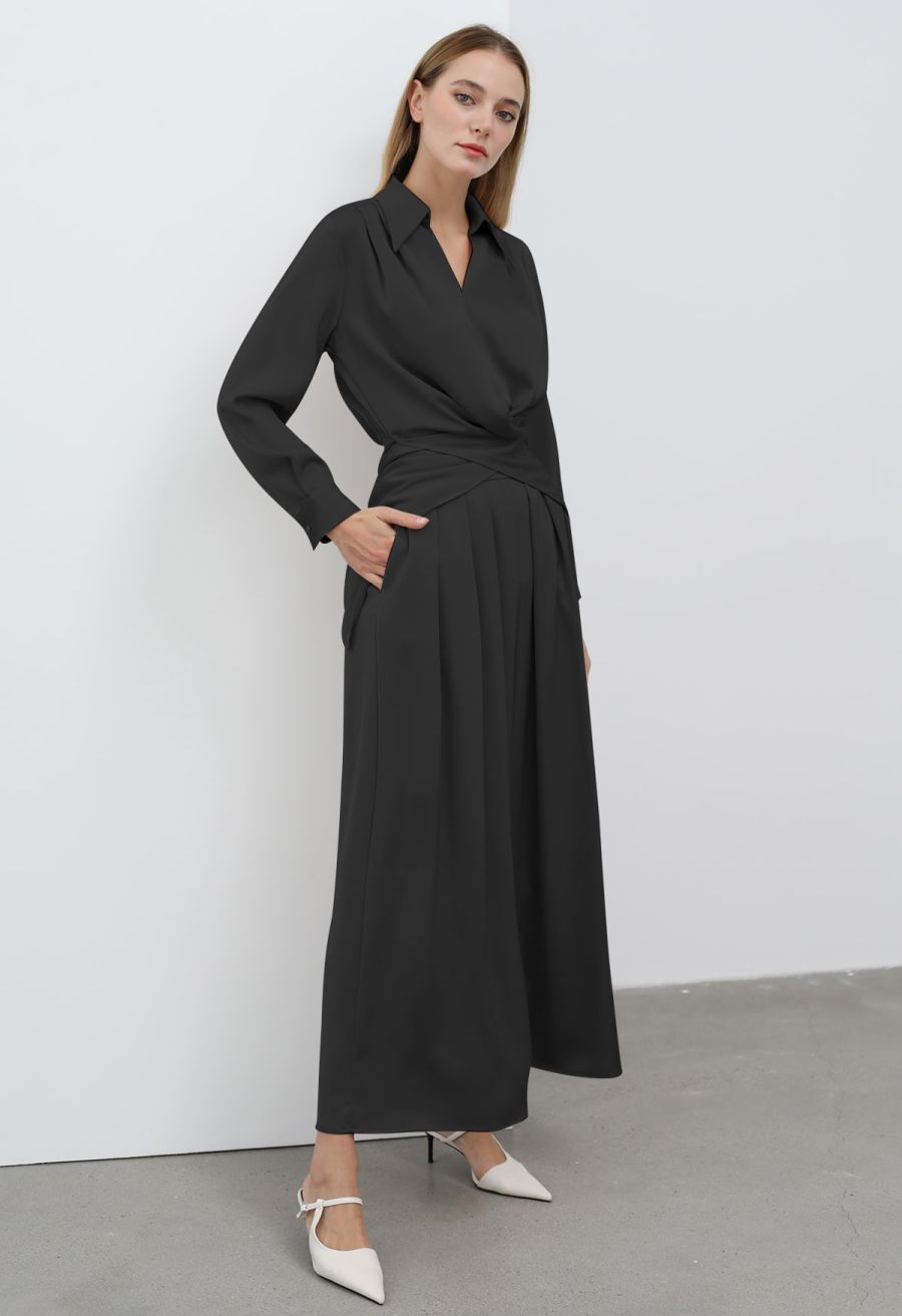 Fanciful Pleats Wide-Leg Pants in Black