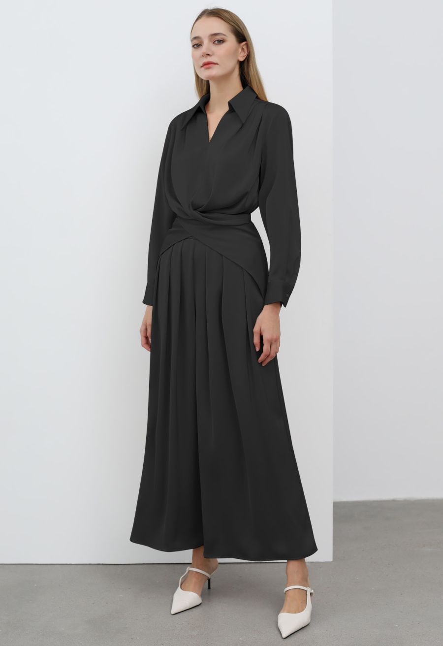 Fanciful Pleats Wide-Leg Pants in Black