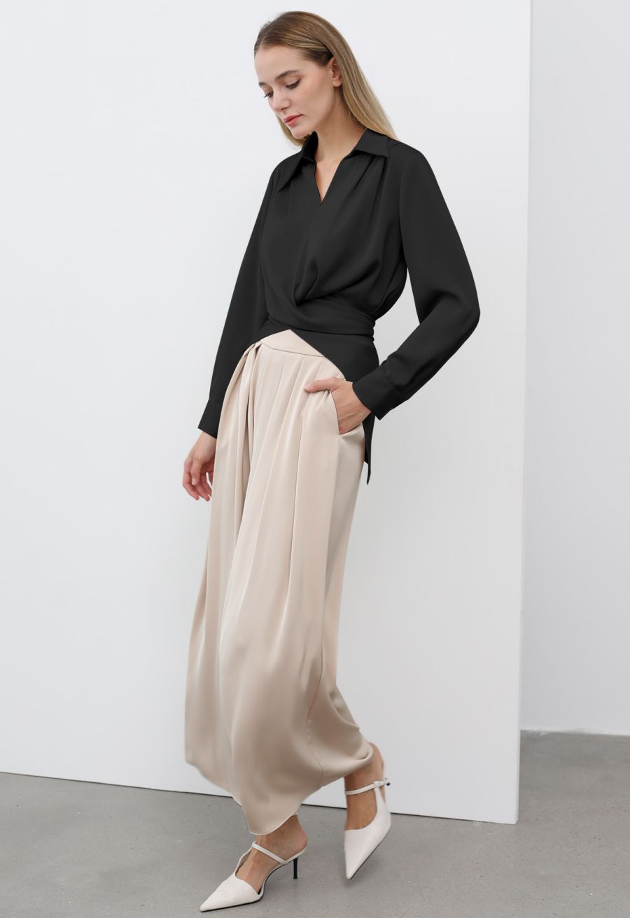 Crisscross Waist V-Neck Shirt in Black