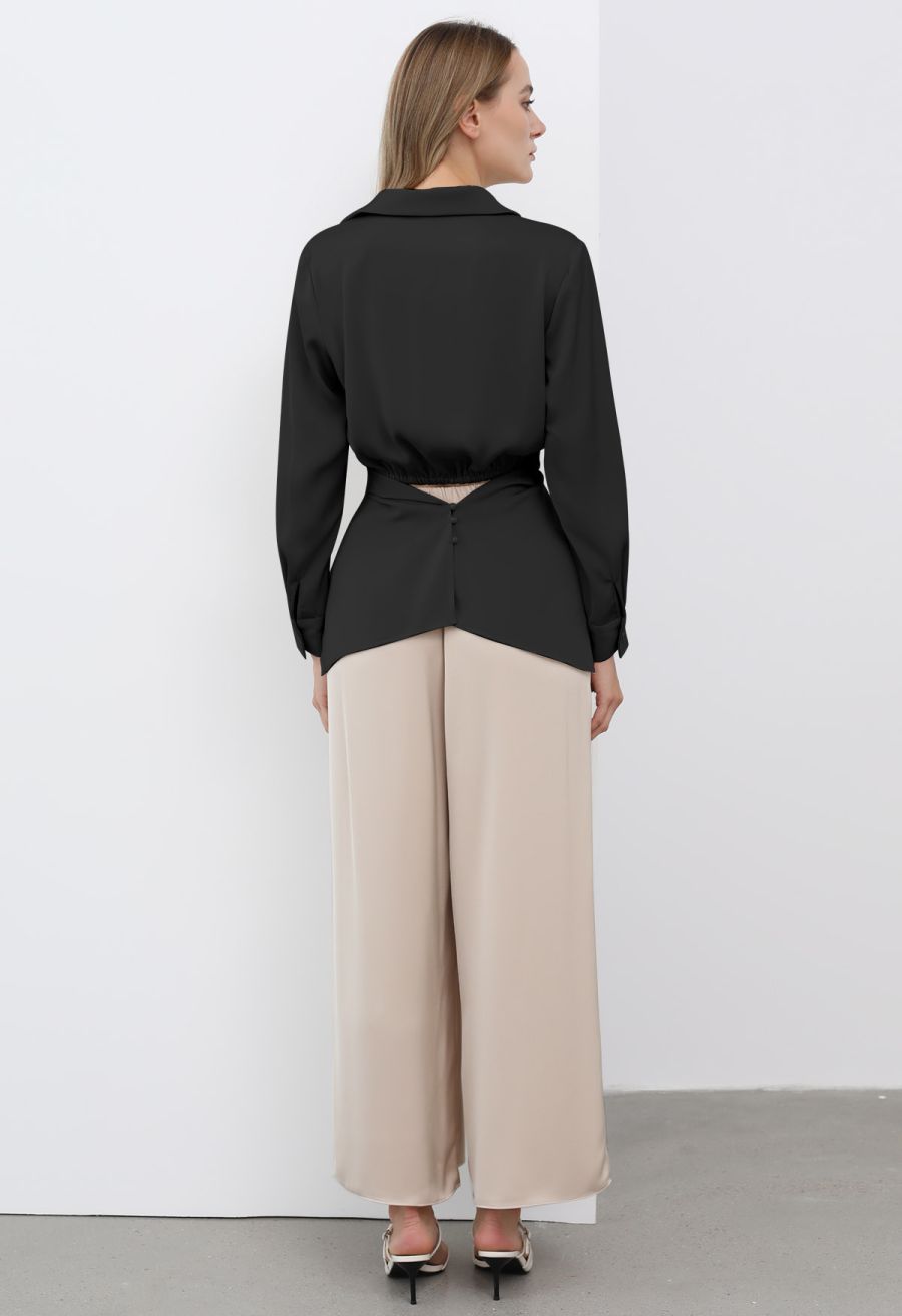 Crisscross Waist V-Neck Shirt in Black