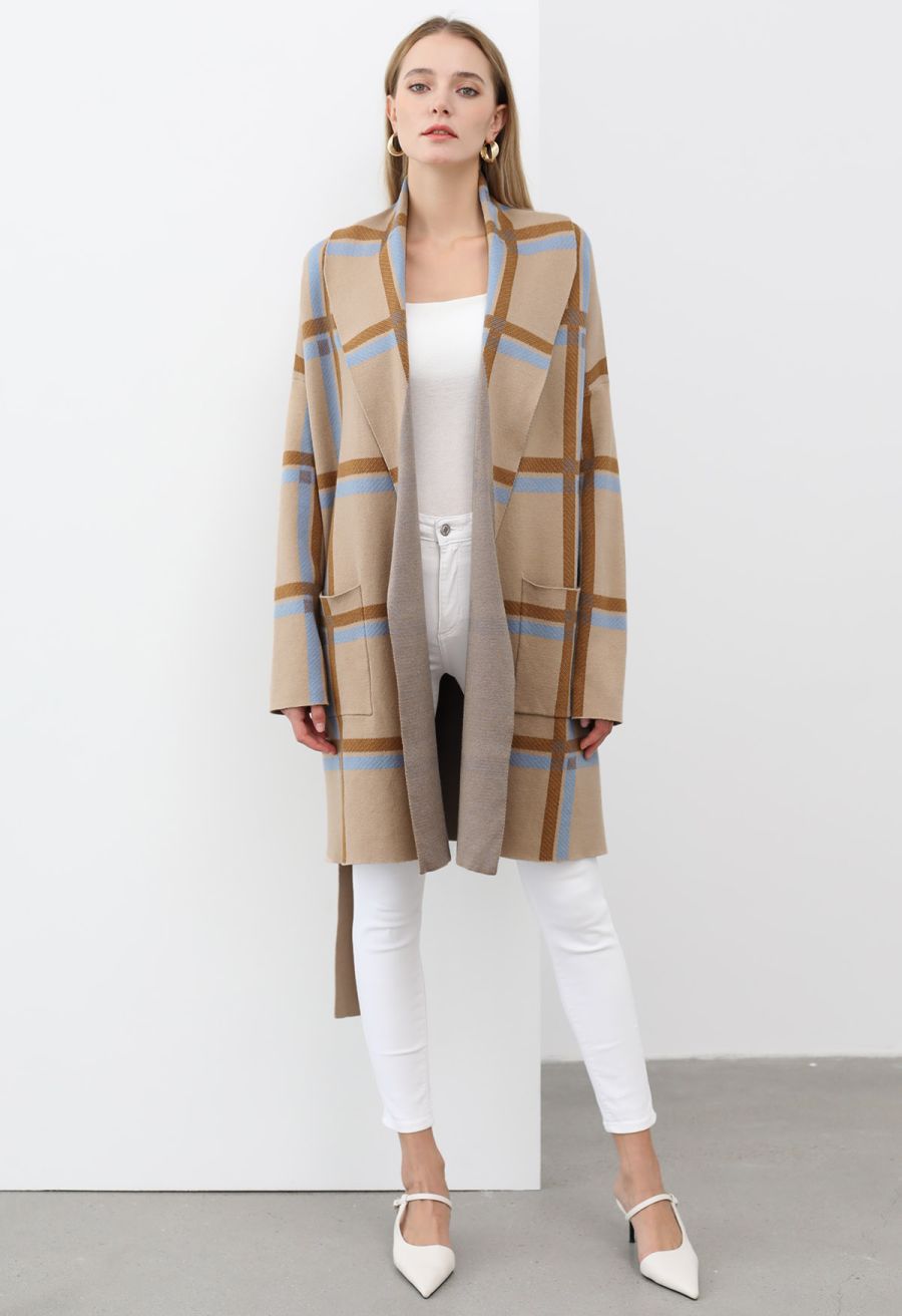 Collared Grid Pattern Tie Waist Knit Coat