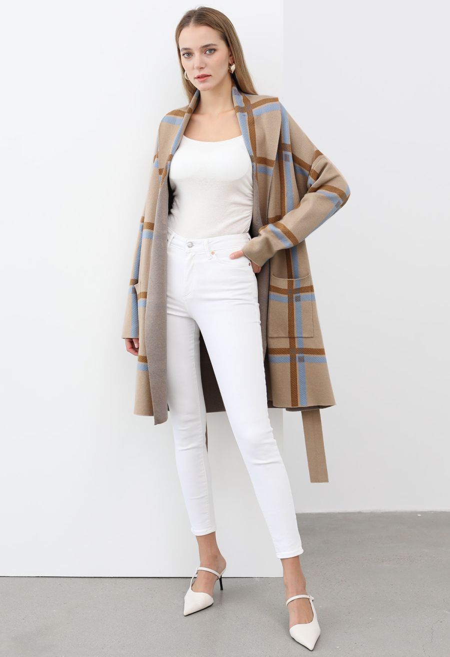 Collared Grid Pattern Tie Waist Knit Coat