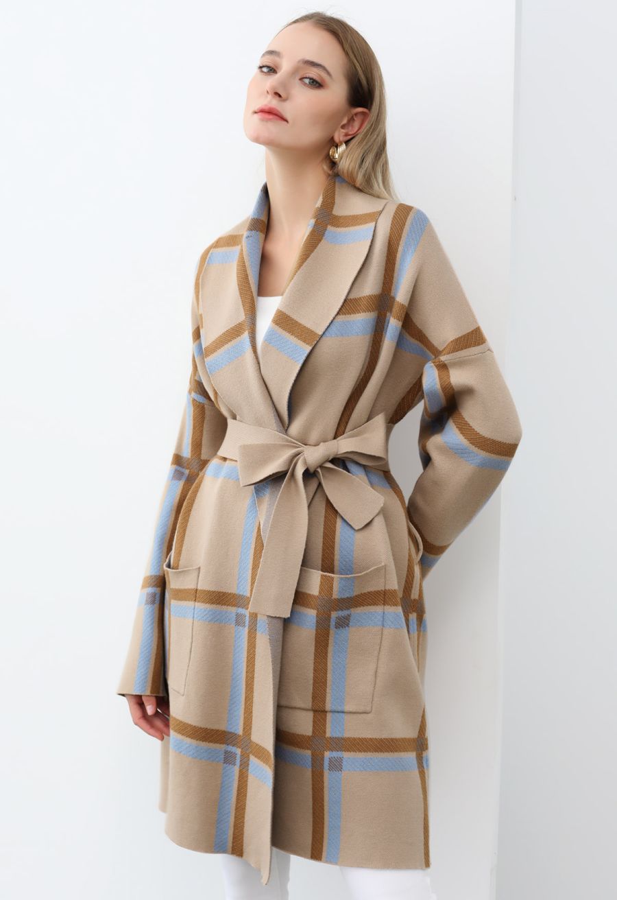 Collared Grid Pattern Tie Waist Knit Coat