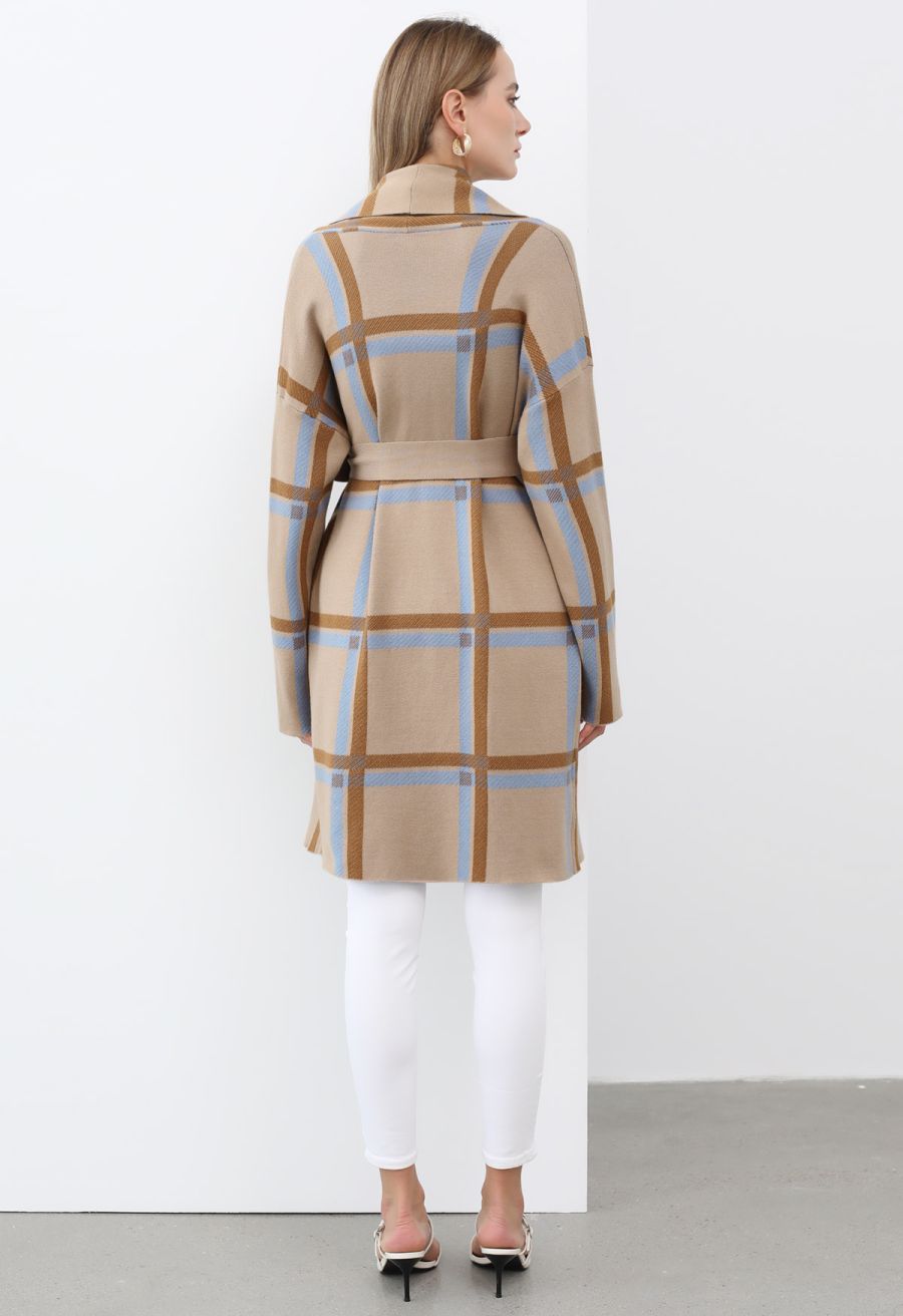 Collared Grid Pattern Tie Waist Knit Coat