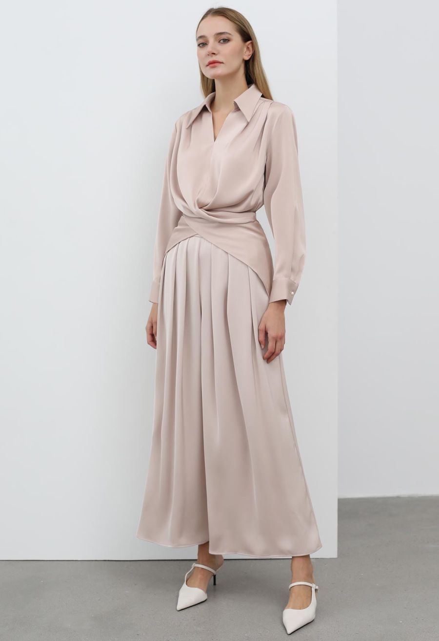 Crisscross Waist V-Neck Shirt in Dusty Pink