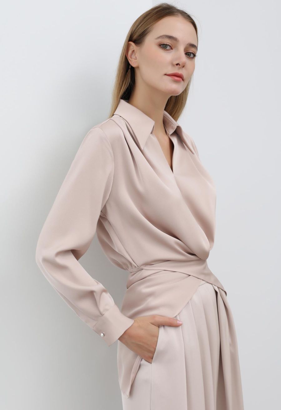 Crisscross Waist V-Neck Shirt in Dusty Pink