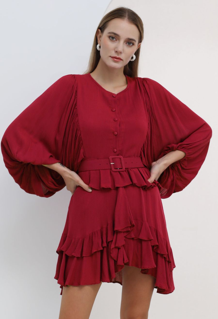 Exaggerated Bubble Sleeve Belted Ruffle Dress in Red