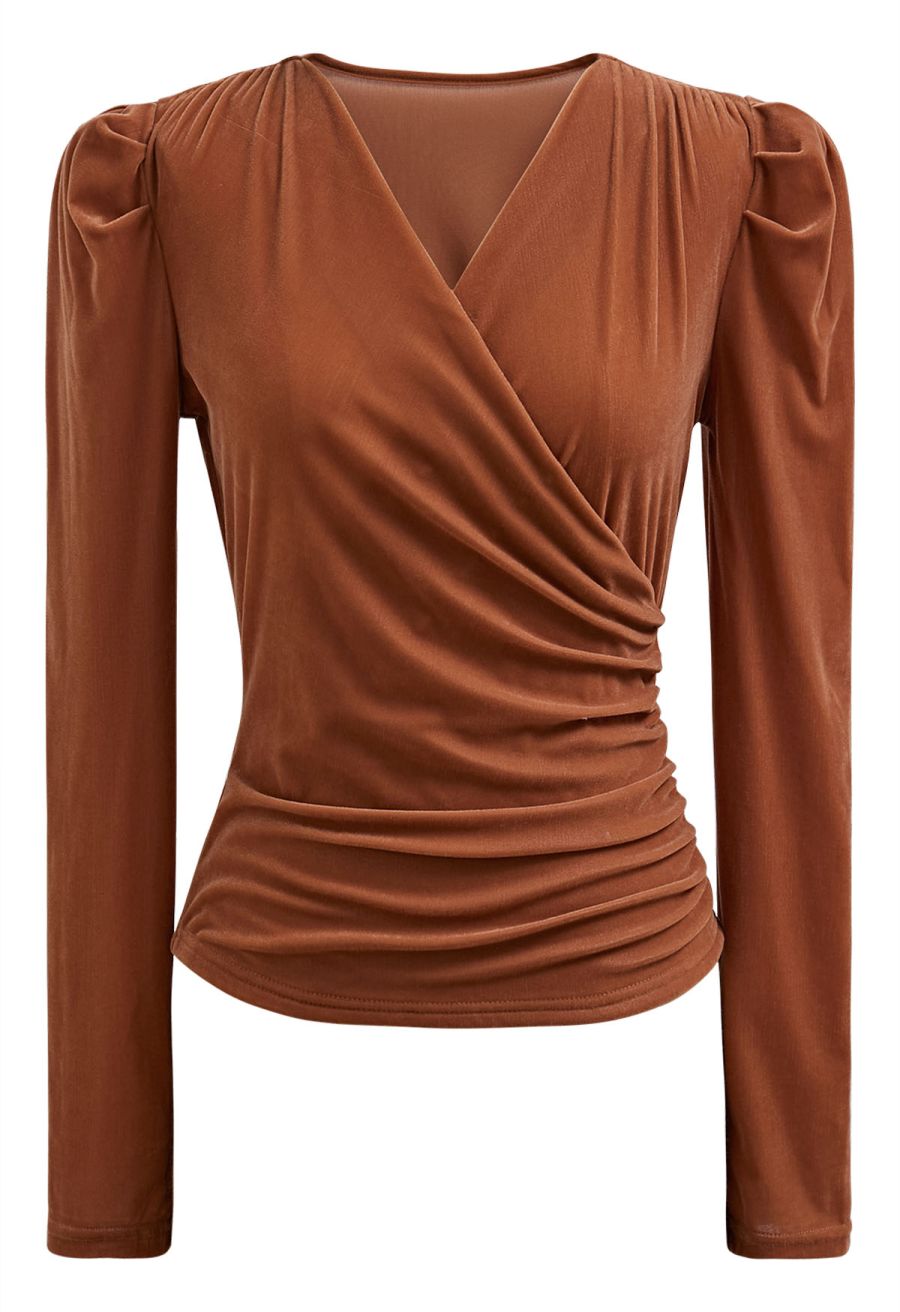 Ruched Faux Wrap Puff Shoulder Velvet Top in Pumpkin