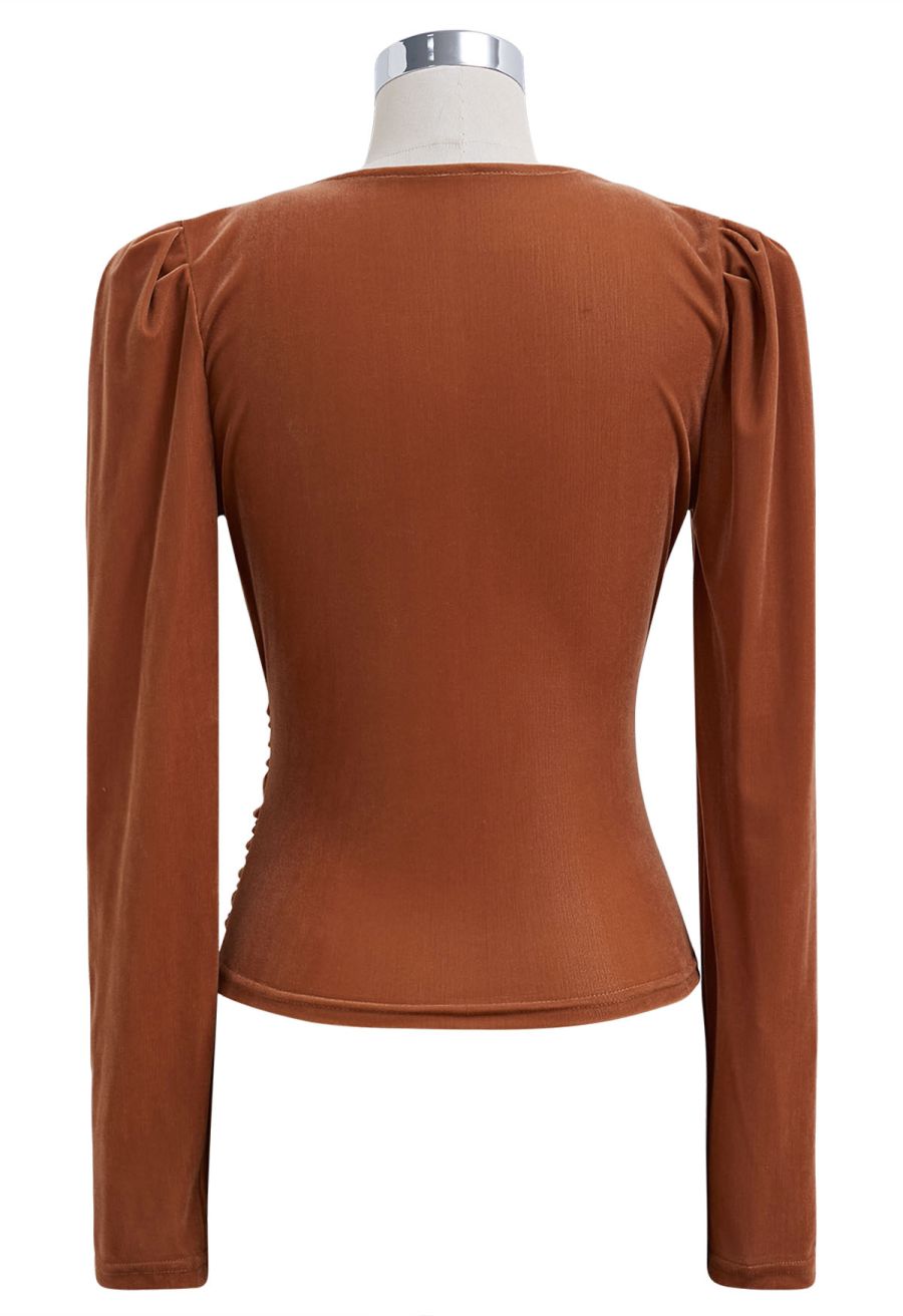 Ruched Faux Wrap Puff Shoulder Velvet Top in Pumpkin