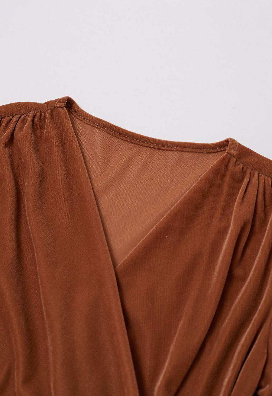 Ruched Faux Wrap Puff Shoulder Velvet Top in Pumpkin