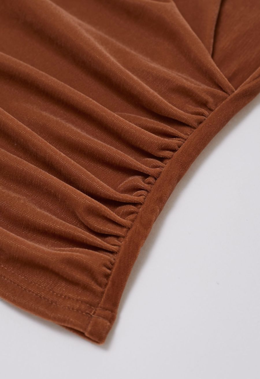 Ruched Faux Wrap Puff Shoulder Velvet Top in Pumpkin