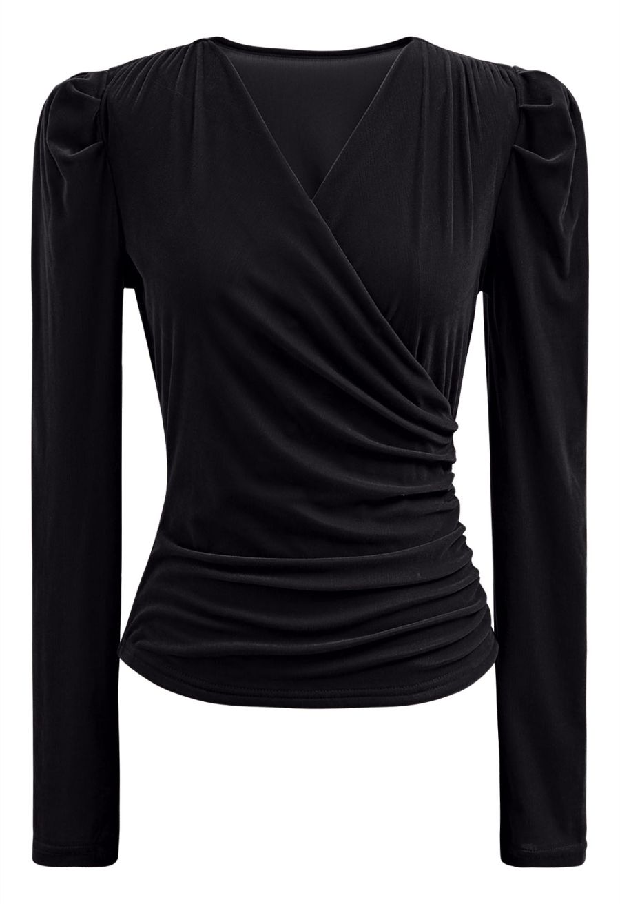 Ruched Faux Wrap Puff Shoulder Velvet Top in Black