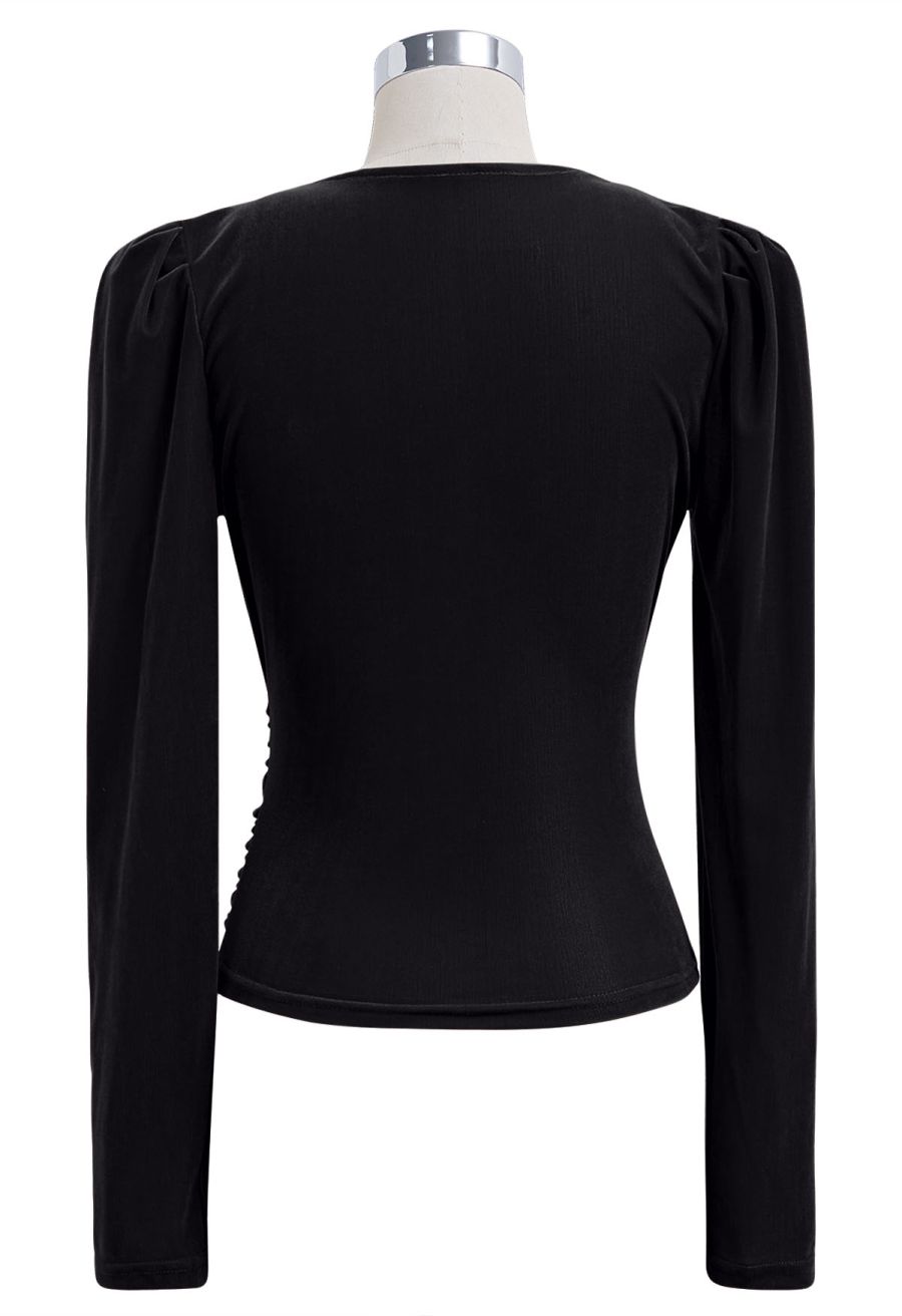 Ruched Faux Wrap Puff Shoulder Velvet Top in Black