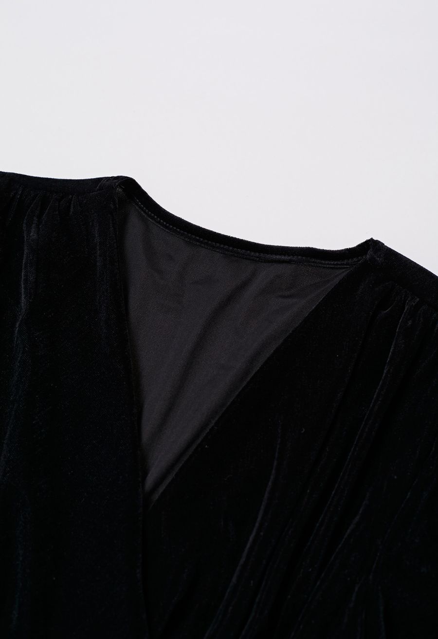 Ruched Faux Wrap Puff Shoulder Velvet Top in Black