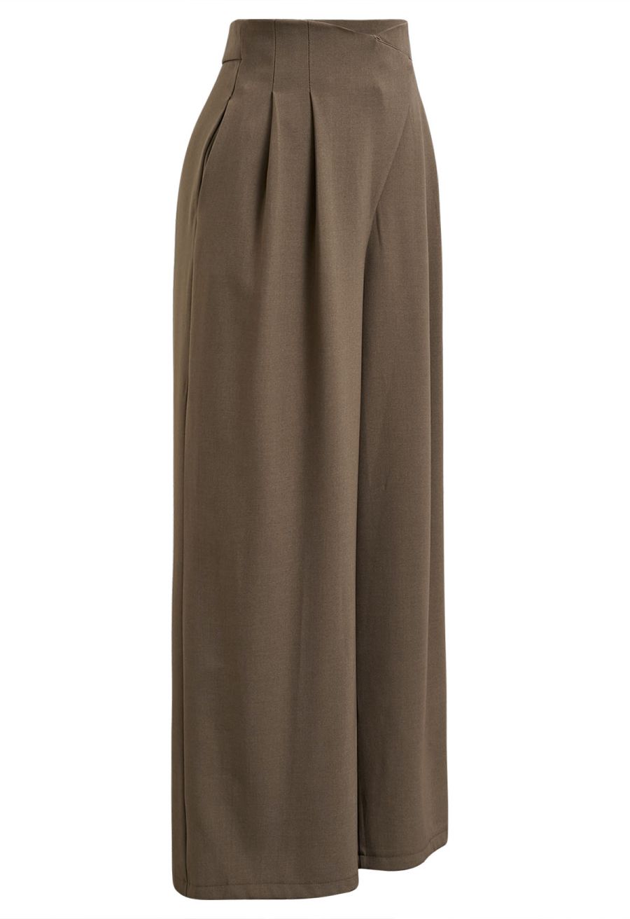 Cross Waist Pleated Straight-Leg Pants in Brown
