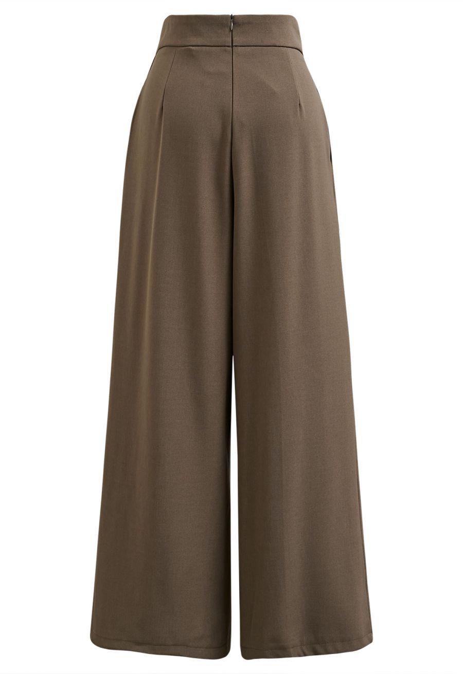 Cross Waist Pleated Straight-Leg Pants in Brown