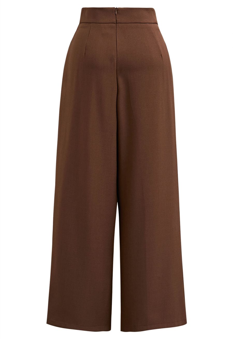 Cross Waist Pleated Straight-Leg Pants in Caramel