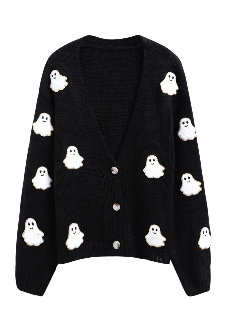 Halloween Ghost Patch Buttoned Knit Cardigan in Black Halloween Costumes
