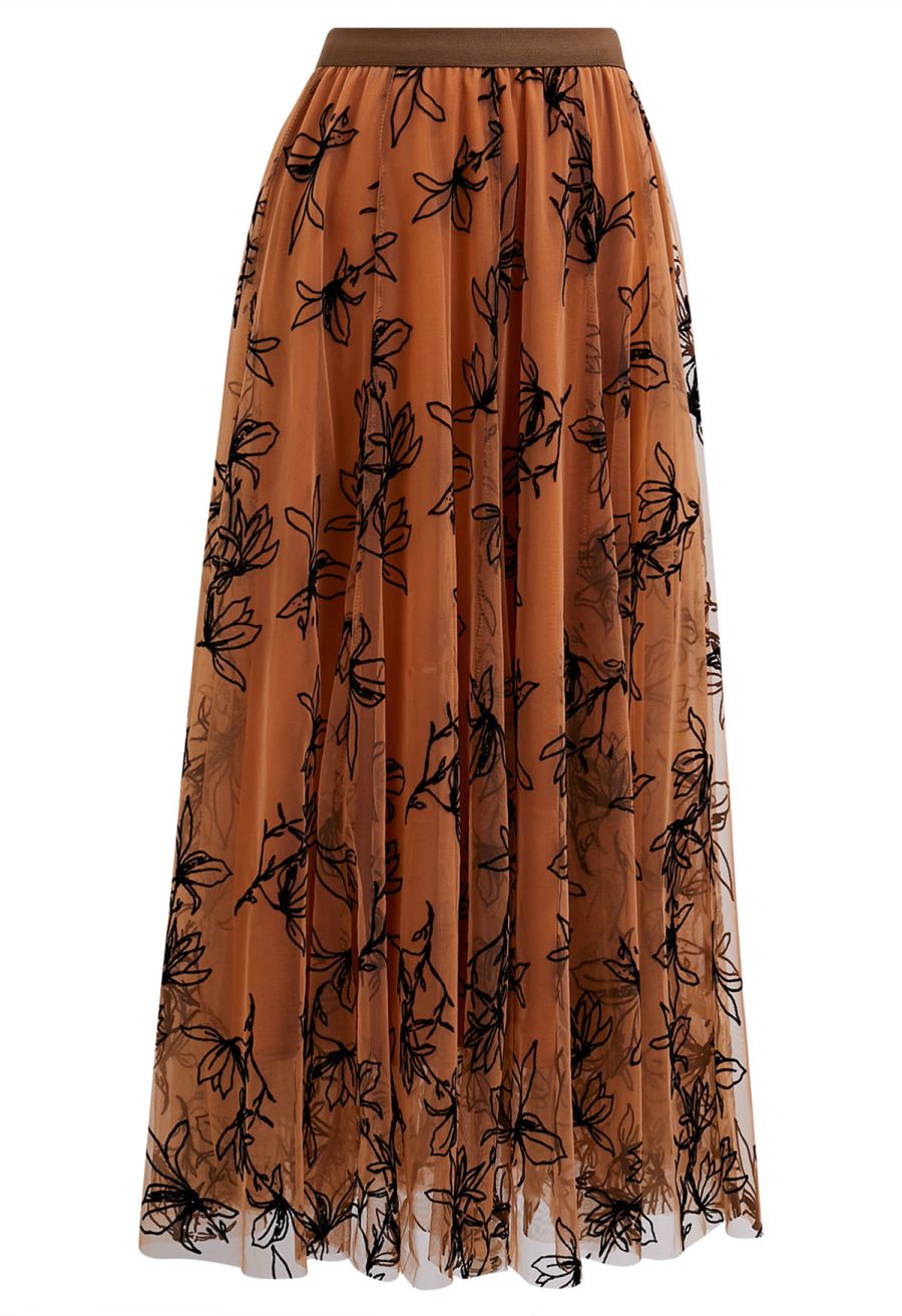 Velvet Magnolia Double-Layered Mesh Maxi Skirt in Orange