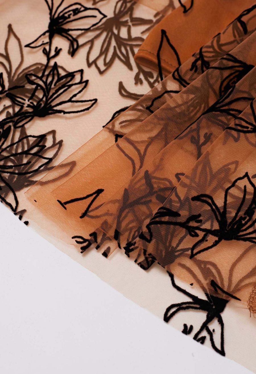Velvet Magnolia Double-Layered Mesh Maxi Skirt in Orange