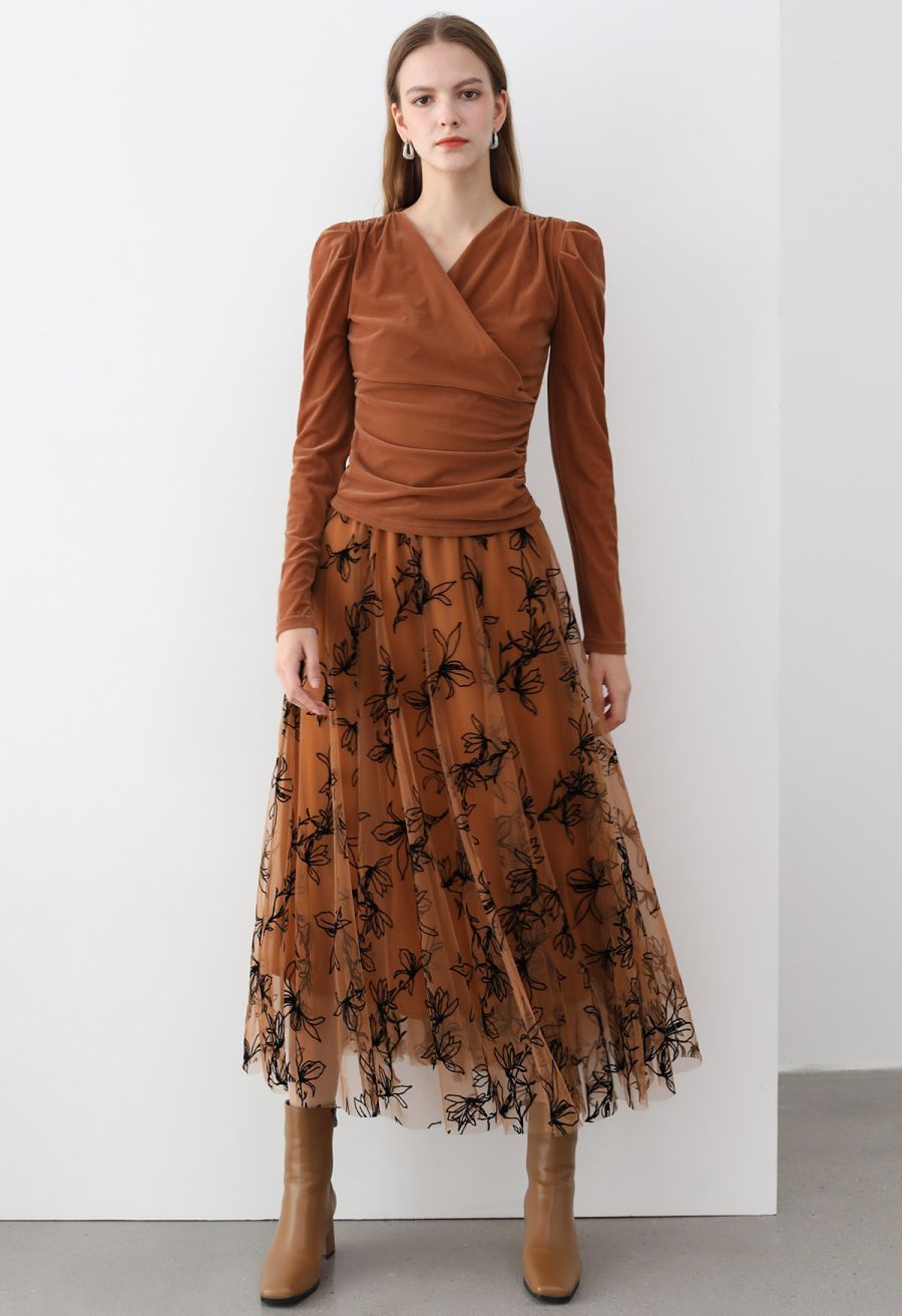 Ruched Faux Wrap Puff Shoulder Velvet Top in Pumpkin