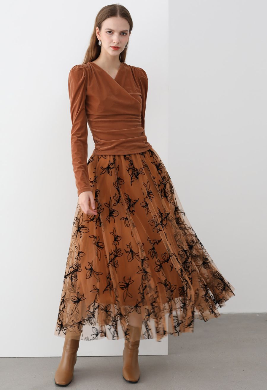 Ruched Faux Wrap Puff Shoulder Velvet Top in Pumpkin