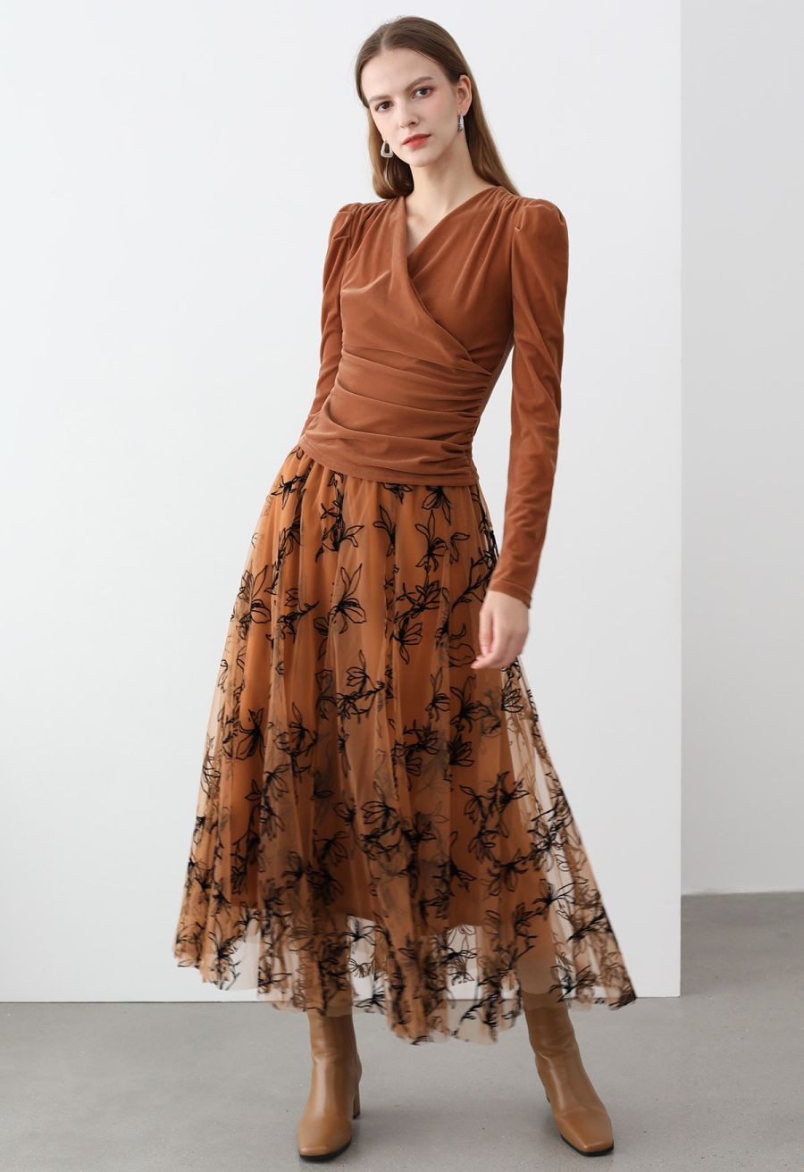 Ruched Faux Wrap Puff Shoulder Velvet Top in Pumpkin