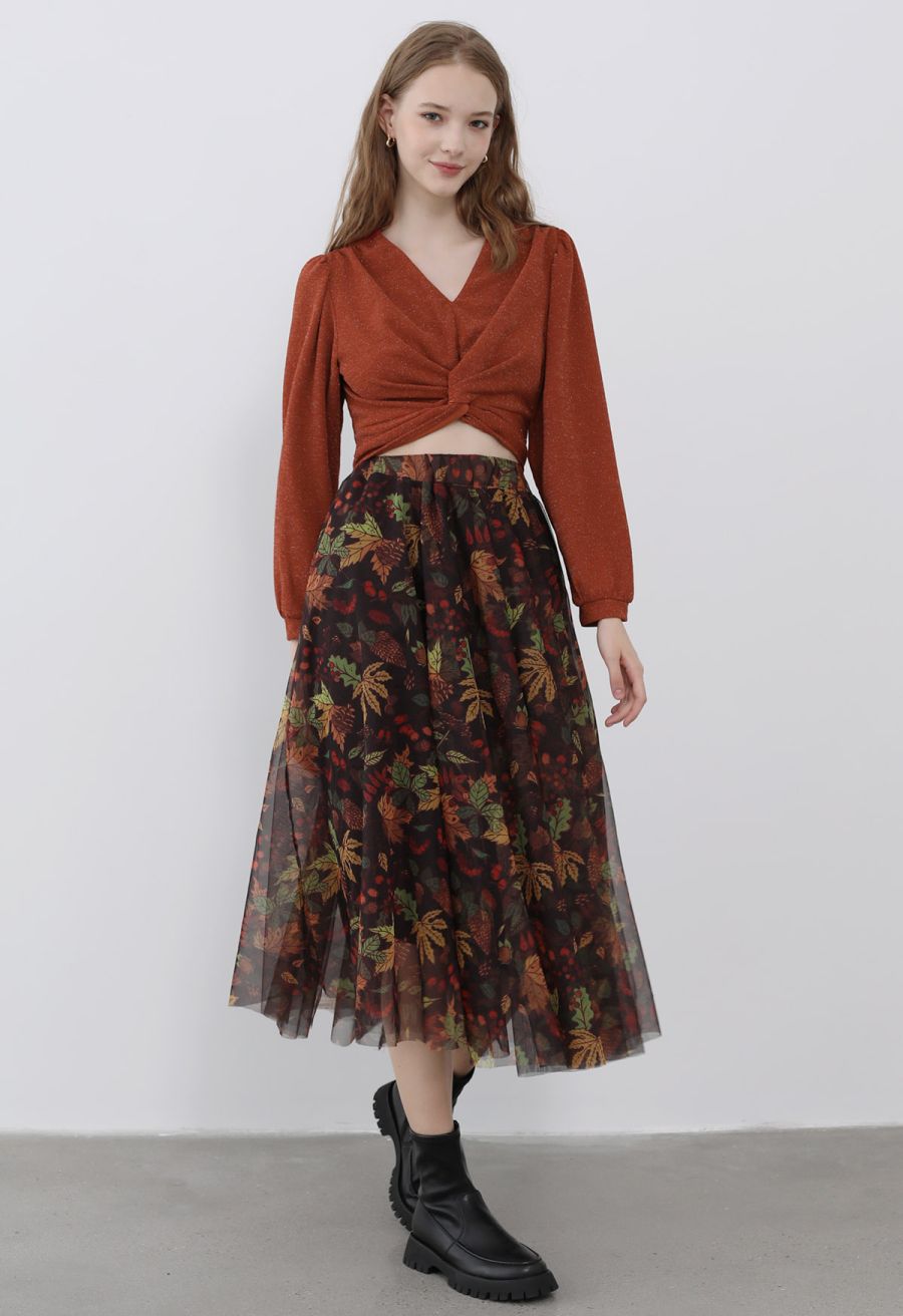 Fall-Inspired Mesh Tulle Midi Skirt