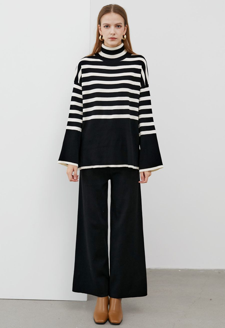 Striped Oversize Flare Sleeve Turtleneck Knit Sweater in Black