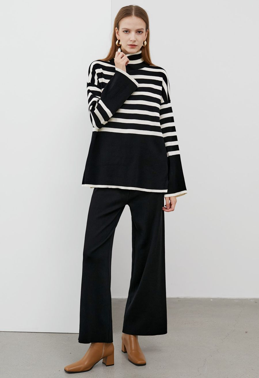 Striped Oversize Flare Sleeve Turtleneck Knit Sweater in Black