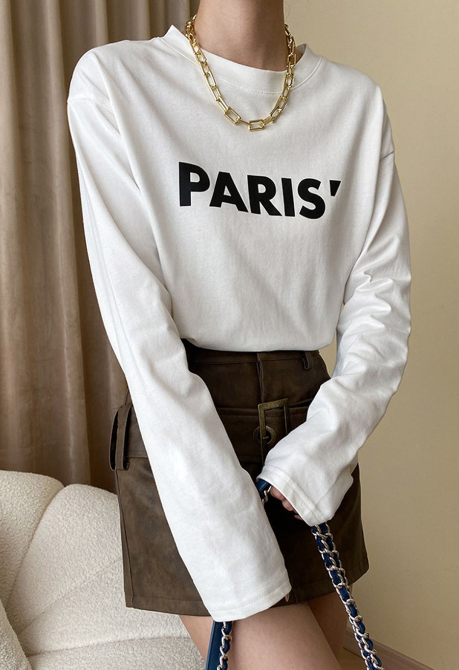 Paris Print Round Neck Long Sleeves Top
