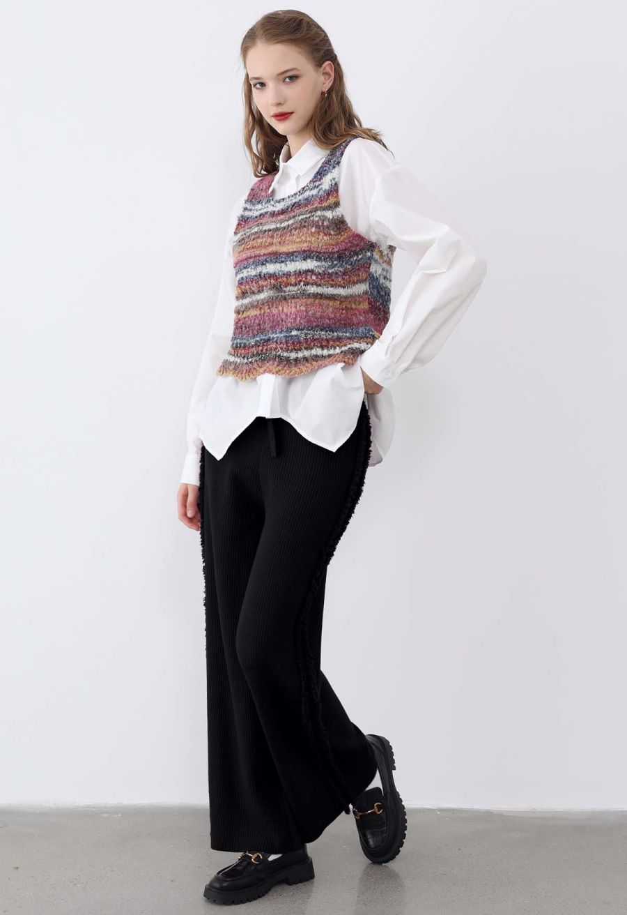 Side Tassel Trim Straight-Leg Knit Pants in Black