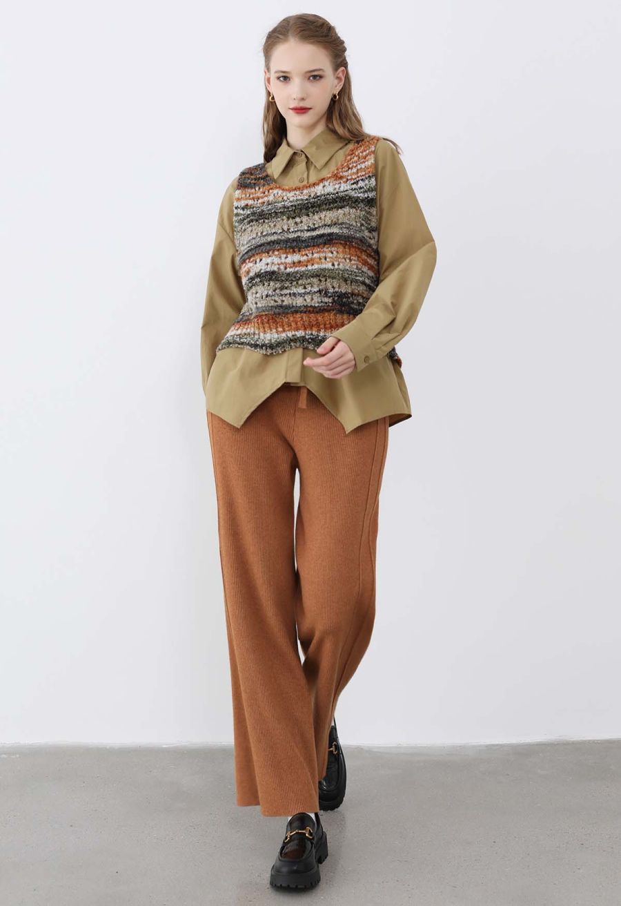 Multicolor Stripes Hollow Out Knit Vest in Camel