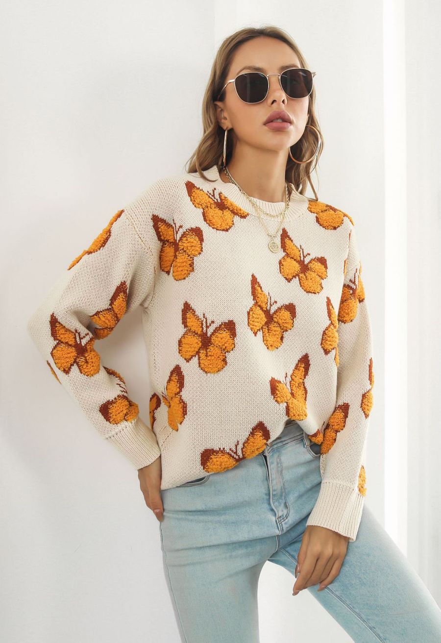 Balletic Butterfly Ribbed Knit Sweater in Ivory