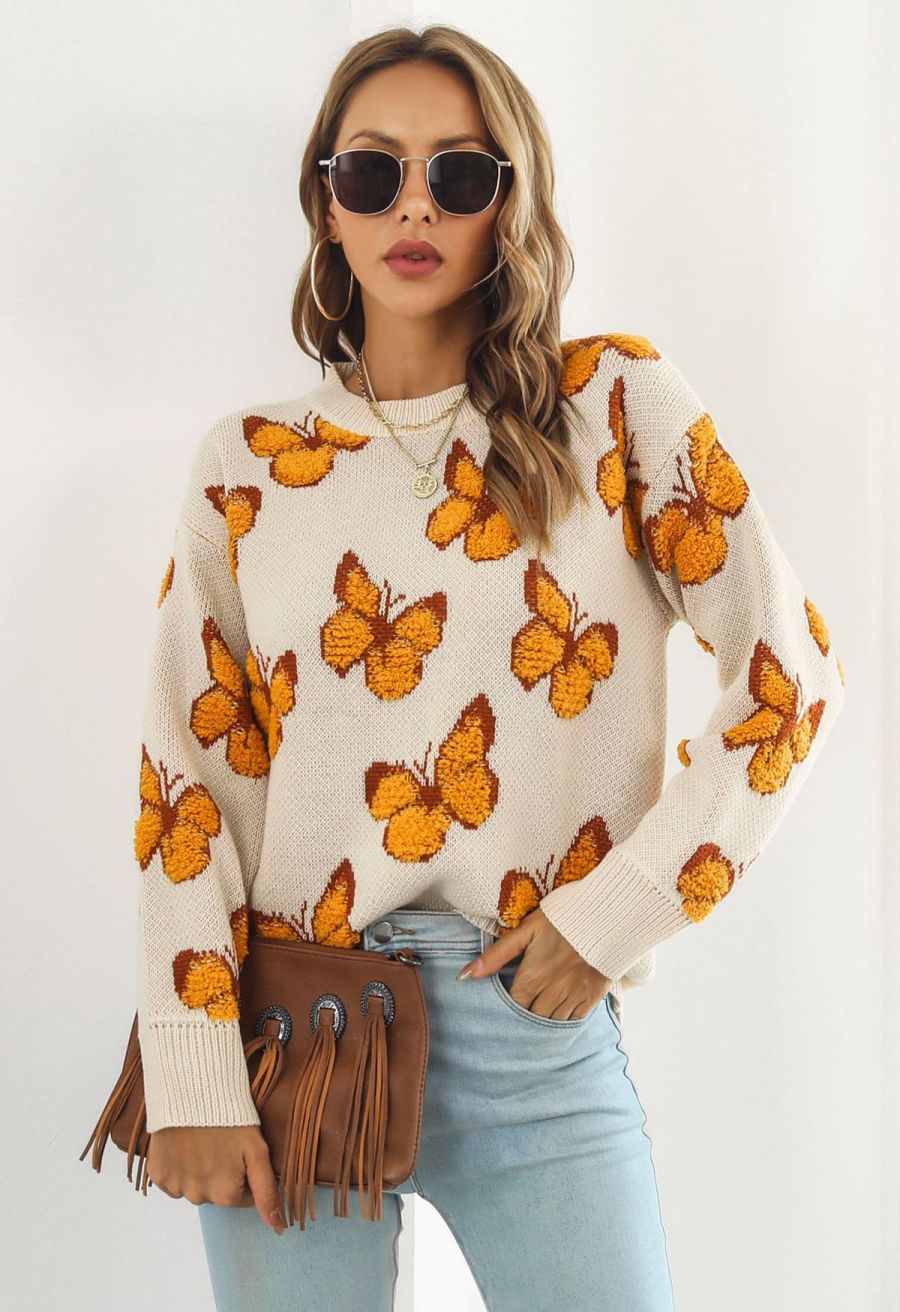 Balletic Butterfly Ribbed Knit Sweater in Ivory