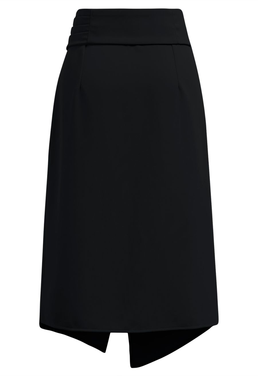 Buttoned Pleats Irregular Flap Midi Skirt in Black