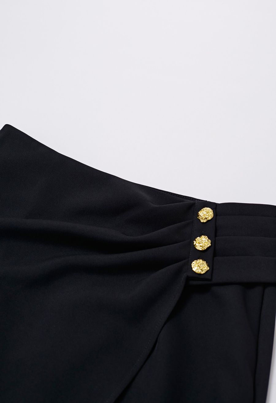 Buttoned Pleats Irregular Flap Midi Skirt in Black