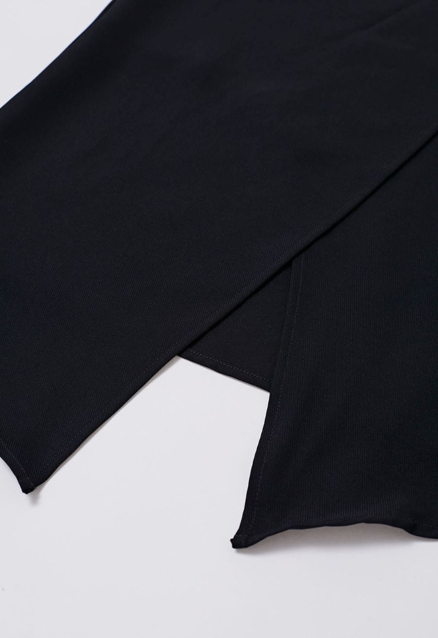 Buttoned Pleats Irregular Flap Midi Skirt in Black