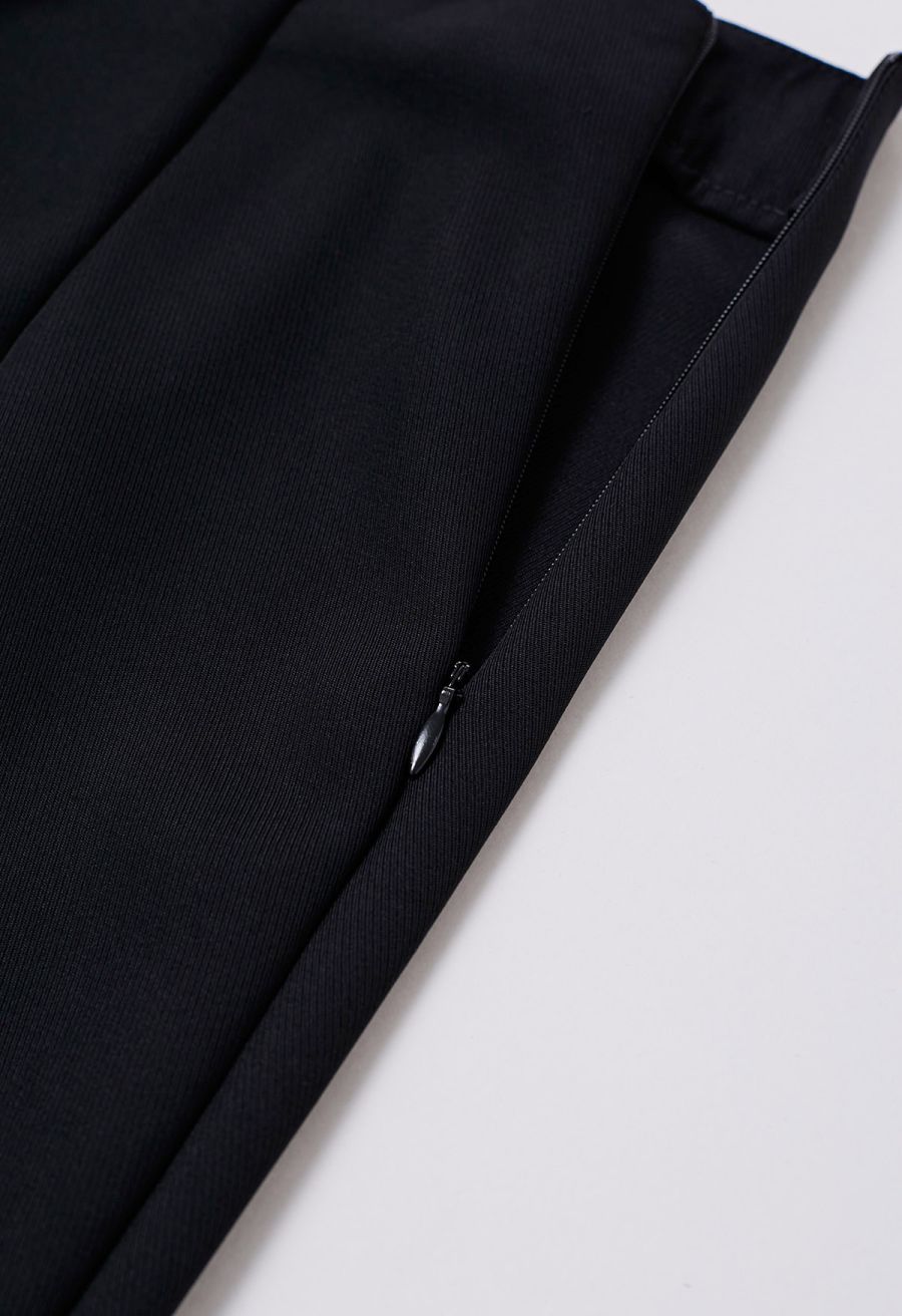 Buttoned Pleats Irregular Flap Midi Skirt in Black