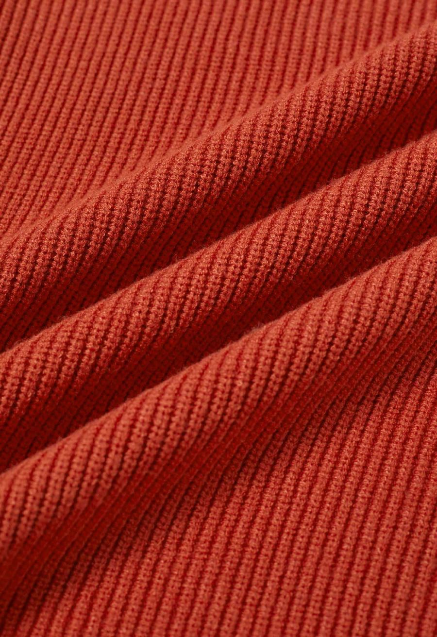 Patch Pocket Ribbed Knit Sweater in Rust Red